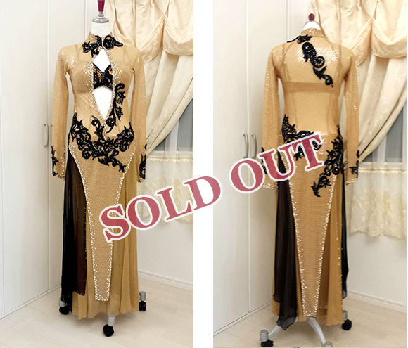ベージュ&ブラック・ロングラテンドレス